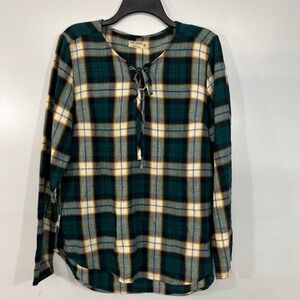 Ruff Hewn Womens Green Plaid Lace Up Long Sleeve Blouse Top Large L